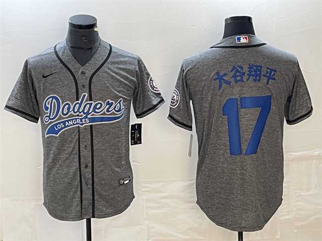 Men's Los Angeles Dodgers #17 大谷翔平 Grey Cool Base With Patch Stitched Baseball Jersey